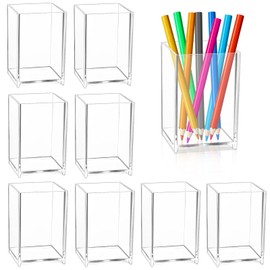 RETON 9 Pack Acrylic Pen Holder, Clear Square Pencil Pen Pot for Desk, Transparent Makeup Brush Holder, Stationary Organiser Pencil Pots for Classroom, Home, Office, School