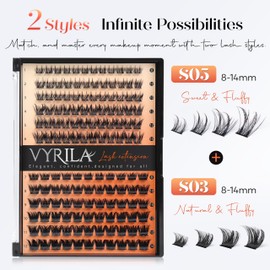 Lash Clusters Kit-VYRILA 0.07mm Wispy 8-14mix C Curl Eyelash Clusters with Lash Bond and Seal Waterproof, Eyelash Tweezers (S03+S05 KIT 138pcs-8-14mix)