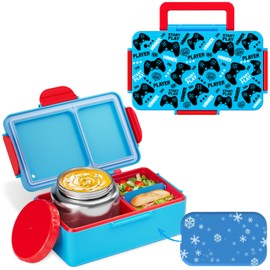 Kids Bento Lunch Box – 12 oz Stainless‑Steel Soup Thermo & 3‑Compartment Leak‑Proof Food Container with Built‑In Ice Pack, Insulated Food Jar for Boys & Girls, School & Travel (Blue-Game)