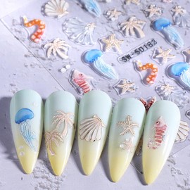 LIFOOST Ocean Nail Art Stickers 5D Embossed Marine Life Seashell Starfish Jellyfish Nail Decals Sea Animals Summer Beach Self Adhesive Manicure DIY Design