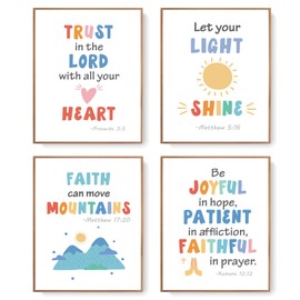 LARTSFRO Kids Bible Colorful Wall Decor, Inspirational Bible Verses Boho Sun Decor for Nursery Baby Kids Bedroom, Christian Wall Art, Classroom Decor, Gifts for Kids 10x8 Inch Set of 4 Unframed