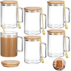 Jingmore 6 Sets 20oz Clear Glass Coffee Mugs Big Glass Mugs with Handles and Lids Large Glass Tea Cups with Wood Lid and Gold Spoon Clear Glass Cup for Latte Espresso Tea Cappuccino Hot Cold Beverages
