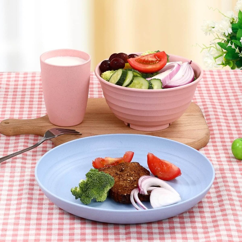 12pcs Plastic Wheat Straw Dinnerware Sets, Wheat Straw Plates and
