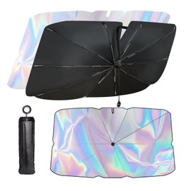 LZSTEC Car Sunshade, Umbrella Type, Foldable, Reinforced Reflectivity, Rainbow Coating, Flexible Spring Tip Adjustable ± 3.9 inches (10 cm), Fits Various Vehicles, No Middle Pole, Drawstring Umbrella