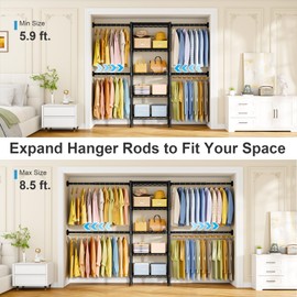 Ulif M2 Wall Mounted Closet System, Clothes Rack Mounted onto the Wall with 4 Expandable Hanger Rods and 5 Metal Shelves, Clothing Organizer Storage in (70.8-102.3)" L x 14.5" D x 71.2" H, Black