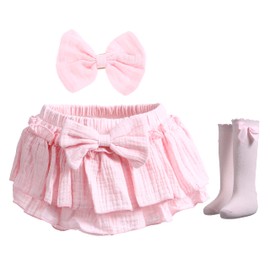 Newborn Baby Girl Cotton Skirts with Built-in Shorts Toddlers Ruffle Diaper Covers Infant Skorts with Bows Headband Set Pink