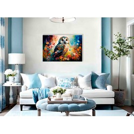 Artley Prints - Owl in Flower Garden Abstract Canvas Wall Art for Living Room, Bedroom - Ready to Hang Prints - Wildlife Pictures 30 x 20cm (12 x 8 inches) A4