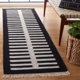 SAFAVIEH Striped Kilim Collection Runner Rug - 2'3" x 8', Beige & Black, Flat Weave Wool & Cotton Design, Ideal for High Traffic Areas in Living Room, Bedroom (STK806B)