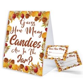 Thanksgiving Day Party Game Guess How Many Are In The Jar, Thanksgiving Day Party Favors Supplies, Family Activity （1 Sign and 50 Guessing Cards）, Thanksgiving Day baby shower decorations -G01
