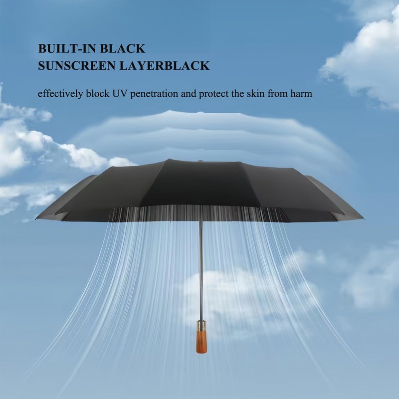 Men's Umbrella With Wooden Handle Black Automatic Open Strong Windproof