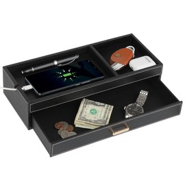 HofferRuffer Valet Jewelry Tray Organizer with Drawer, Faux Leather Storage Catchall Box Phone Charging Station Tray with Dresser Nightstand Desktop Drawer Organizer (Black)