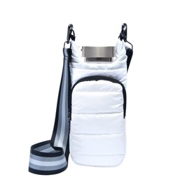 WanderFull Original HydroBag | Quilted Water Bottle Holder with Strap | Tote Bottle Carrier Crossbody Bag with Pockets | Carry 32 oz Water Bottle, Tumbler, Phone, Purse | Glossy White, Striped Strap