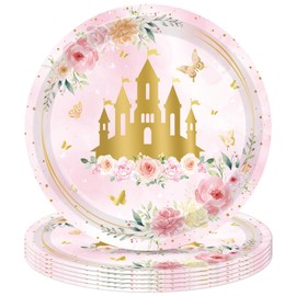 20Pcs Princess Party Plates 9 Inch Pink Floral Castle Paper Plates Princess Party Supplies Disposable Plate Set, for Baby Shower, Fairy Tale, Girls Princess Birthday Party Decorations Supplies