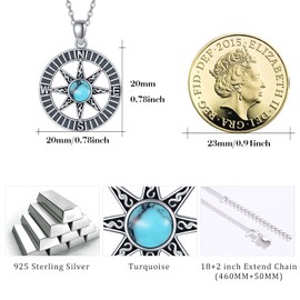 REDSUN Compass Necklace Women's 925 Sterling Silver Turquoise Chain Sun Pendant Jewellery for Girls Women Mum Daughter Compass Gift, Sterling Silver, Turquoise