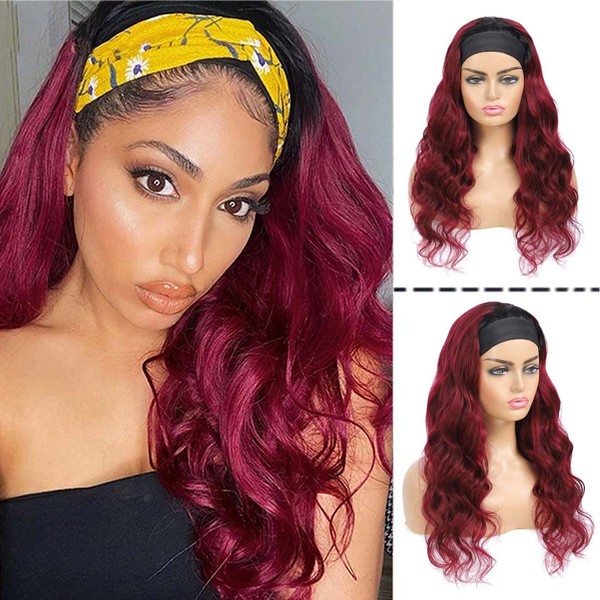 Adette 10A Grade Unprocessed Human Hair Headband Wigs Body Wavy Ombre Dark Red 22 Inch Glueless Wigs for Black Women 180% Density Easy to Wear