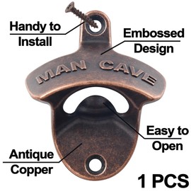 Jumiok Old Fashioned Bottle Opener Wall Mounted Man Cave Beer Cap Opener Mountable Antique Copper