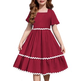 Arshiner Girl Red Dresses Ruffle Short Sleeve Tie Back Square Neck Girls Summer Beach Boho Casual Formal Valentine Dress Size 10-12
