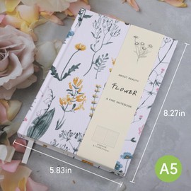 Yonjay Floral Hardcover Notebook, Flower Journal for women, A5, 201 Pages, Printed Fabric Cloth Journal, Similar Embroidered Linen Journal, Garden Journal, White