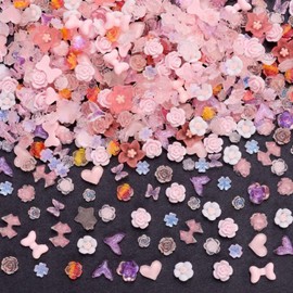 3D Pink Flower Manicure Gems with Rose Nail Rhinestone, Colorful Acrylic Double Color Nail Charms Rhinestones for Nails DIY