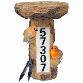 Sunnydaze Staked Country Tree Stump Bird Bath with Solar Lighted Address Plate and Custom Number Stickers Set - 15.5-Inch H