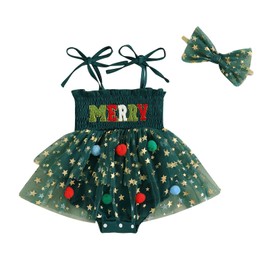 Newborn Baby Girl Christmas Outfit Smocked Merry Embroidery Pompom Sequin Star Tulle Tutu Romper Dress Xmas Clothes (Green, 9-12 Months)