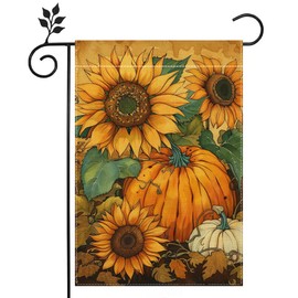 Fall Sunflower Garden Flag for Outside, Thanksgiving Pumpkin Garden Flag, Welcome Fall Garden Flag 12x18 Inch Double Sided Burlap, Outdoor Yard Flag Decorations for Home（Only Garden Flag）