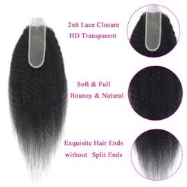 Kinky Straight Bundles with Closure (18 20 22+16) 100% Unprocessed Yaki Straight 3 Bundles with 2x6 Lace Closure Sew in Natural Color for Black Women