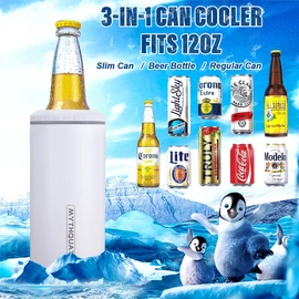 3 in 1 Slim Can Cooler for 12 OZ Skinny Can, Regular Can & Beer Bottle - Keep Cold for 6 Hours - Double Walled Insulated Stainless Steel Vacuum Beverage Can Insulator (Matte White)