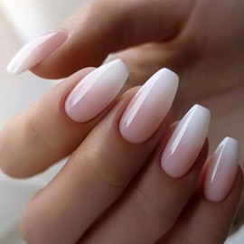 MERVF Medium Press on Nails Coffin Fake Nails Ombre Pink White French Tip Glue on Nails with Pure Color Design Ballerina Acrylic False Nails for Women Glossy 24Pcs
