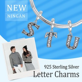 NINGAN Letter Pendant A-Z, 925 Sterling Silver Bracelet Charm Suitable for Women Necklace Shiny Square Zirconia Letter Pendant, Birthday Gift, Silver, Cubic Zirconia
