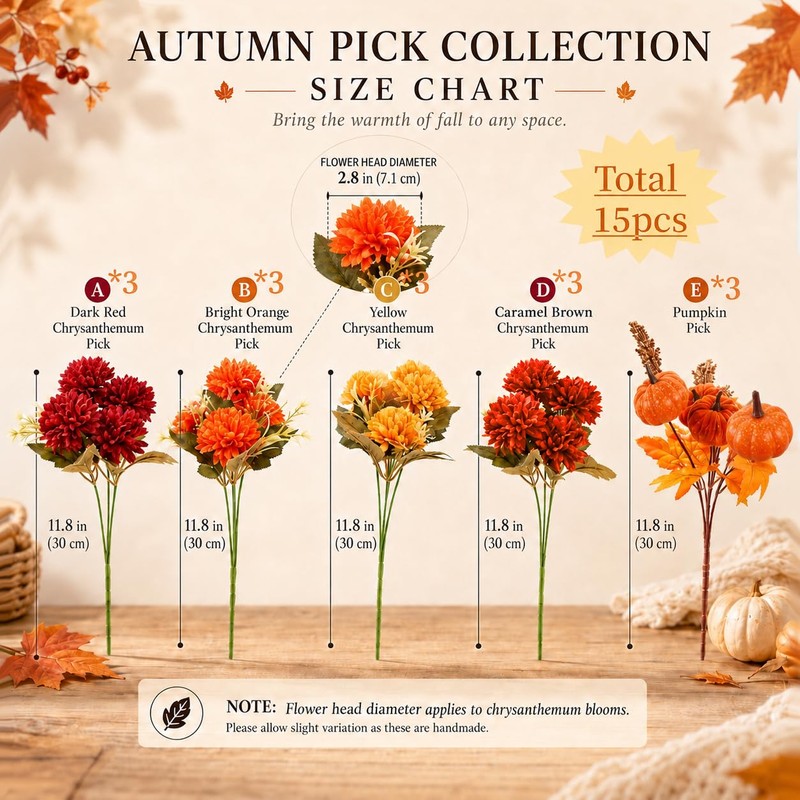 BobbleT 15 Pcs Fake Artificial Fall Mums with Pumpkin Picks,Faux