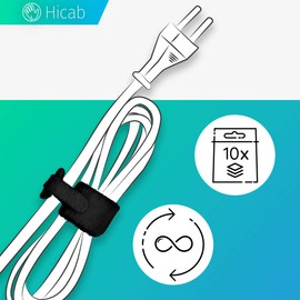 Hicab 10 x Velcro Cable Ties with Loop 17 cm Black Cable Winder Flexible Opening and Closing with Velcro Fastening