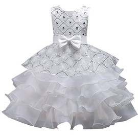 DreamHigh Wedding Flower Girl's Ruffles Lace Cute Bow Waist Evening Dress up Snow White 3-4 Years