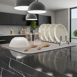 FULL BE DARE 2-Pack Light Gray Dish Drying Mats 17” x 24” – XL Kitchen Drying Mat for Counter, Super Absorbent Microfiber Dish Drying Mat, Foldable Large Dish Drying Mat, Pots, Pans – Dish Drainer Mat