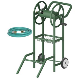 Artigarden Hose Reel Cart with 2 Wheels, Garden Water Hose Holder Heavy Duty Powder Coated Steel Outdoor Winder Storage Holds 125 ft 5/8" Hoses with Basket and 3.9ft Leader Hose for Backyard, Green