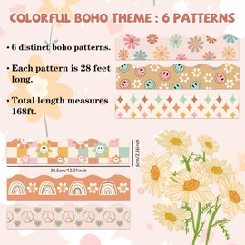 Boho Bulletin Board Borders Retro Classroom Decorations, 168Ft Groovy Bulletin Board Border Daisy Floral Rainbow Decor Colorful Scalloped Trim Border for Teacher School Supplies Classroom Decor