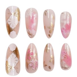 Flower Medium Press on Nails Almond Fake Nails with Pink Floral Designs Stick on Nails Glossy Reusable Artificial Acrylic Full Cover False Nails for Women Manicure 24 Pcs (Pink-10, S-10)
