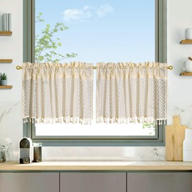 Beydodo Short Window Curtains, Semi-Transparent, Kitchen Curtains, Country House Style with Pattern, Geometry, 100 x 60 cm, Boho Window Curtains, Bistro Curtains, Short, Set of 2