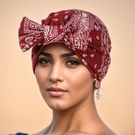Turban Bows for Women, Cashew Bow Head Wraps Cotton Silky Lined Sleeping Cap Hair Turban Durag Skull Sleep Cap Nightcap Bow Beanies, Wine Red