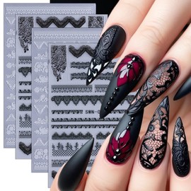 4 Sheets Lace Nail Art Stickers Black and White Lace Pattern Nail Decals French Nail Stickers 5D Self-Adhesive Summer Nail Decoration for Women Acrylic Nails Supplies