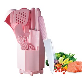 Kitchen Utensils Set,Caliamary 19 PCS Cooking Utensils Set with 360° Rotating Holder,Non-Stick Heat Resistan Kitchen Tools and Gadgets with Anti-slip Handle,Silicone One-Piece Molding (Pink)