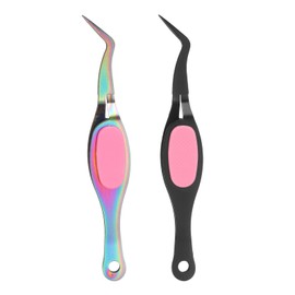 HARFINGTON 2pcs Craft Tweezers Precision Crossing Lock Curved Stainless Steel Soft Reverse Grip Fine Tip Tweezers for DIY Craft Jewelry Beading Electronics, Black Rainbow Pink