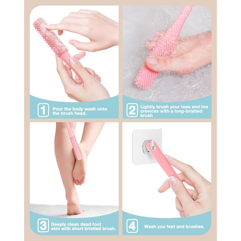 2 Pack Toe Cleaning Brush,15.7" Long Handle Silicone Foot Scrubber