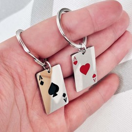 Juego de 2 llaveros de cartas de póquer de acero inoxidable, llavero de cartas de juego para mujeres y hombres, Negro -, Normal