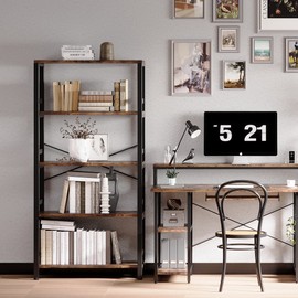 IRONCK Bookshelves and Bookcases, 31.5in Wide Shelf 5-Tier Ladder Shelf 110lbs/shelf Vintage Industrial Style Bookcase for Bedroom Living Room Home, Vintage Brown