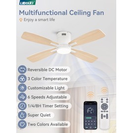 LEDIARY 46 inch Ceiling Fans with Lights and Remote Control,Flush Mount Ceiling Fan with Quiet Reversible DC Motor,White Modern Low Profile Ceiling Fan with Light for Bedroom Living Room Patio