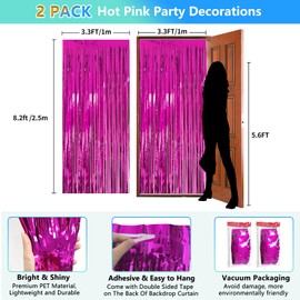 2 Pack Hot Pink Backdrop Party Decorations Tinsel Foil Fringe Curtain Backdrop Streamer Photo Booth for Wonmen Girl Pink Theme Princess Bachelorette Graduation Birthday Party Decorations