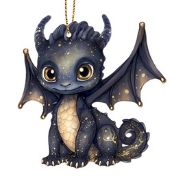 Black Dragon Ornament - Glitter Dragon Ornament for Christmas Tree Decorations - Cute Magic Dragon Gifts for Xmas - 2 Side Printed Wooden Ornament
