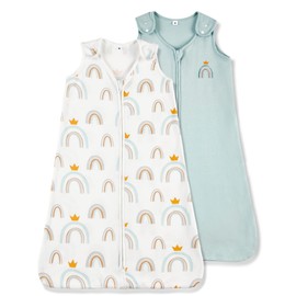 TILLYOU Cotton Sleep Sack 2 Pack - TOG 1 Baby Wearable Blanket with 2-Way Zipper, Extra Soft Sleeveless Sleeping Bag for Infants, Rainbow Crown & Light Green, 12-18 Months