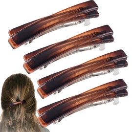 VARMDUKKE 4 PCS Small French Hair Barrettes, 2.56 Inch Curved Tortoise Shell Hair Clip for Women, Glossy Flat Hair Accessories for Thin, Thick, Long Hair - Amber Color